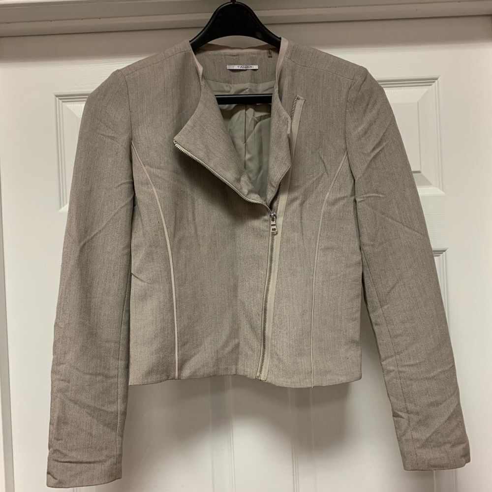 T Tahari Tan Moto Jacket sz S EUC
